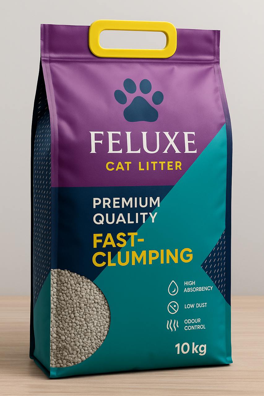 A white and purple bag of FELUXE Standard Granulated premium clumping cat litter