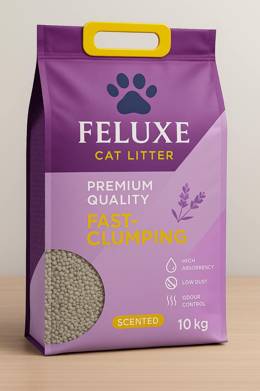 Two bags of FELUXE Scented Cat Litter, showcasing the Lavender and Baby Powder fragrances