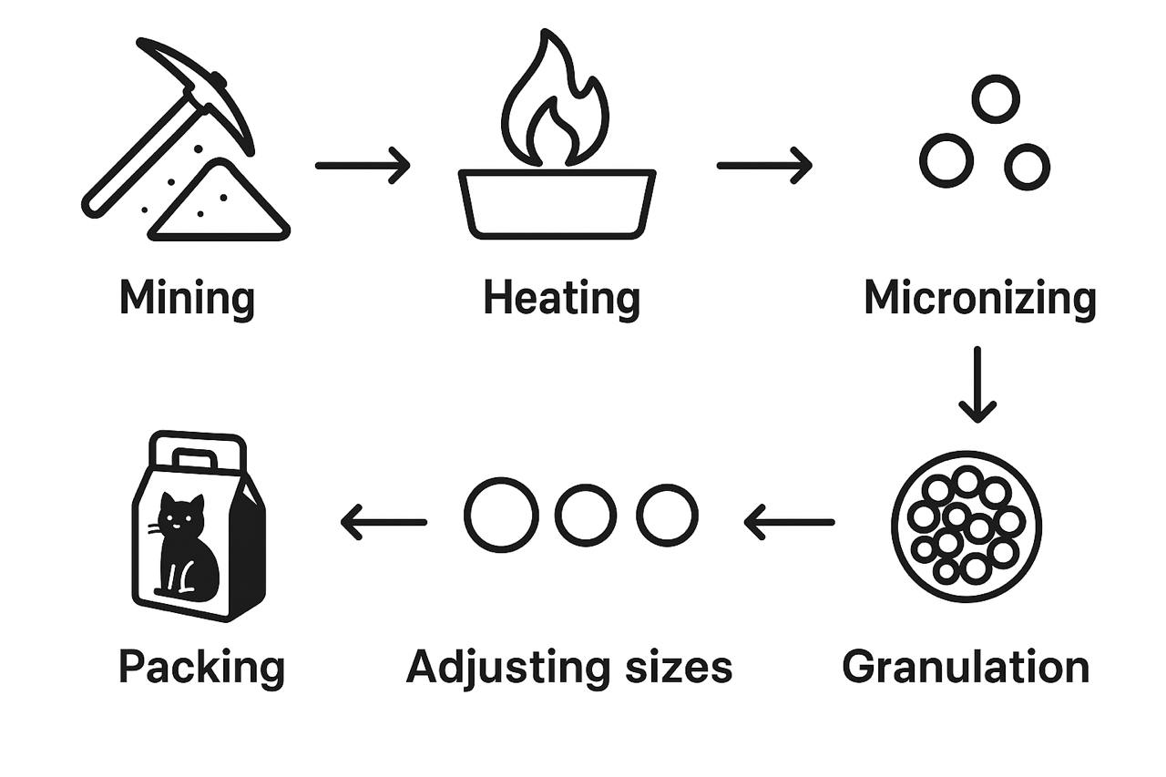 A diagram of the FELUXE vertical integration process: Mining, Processing, Granulation, Packaging, and Quality Control