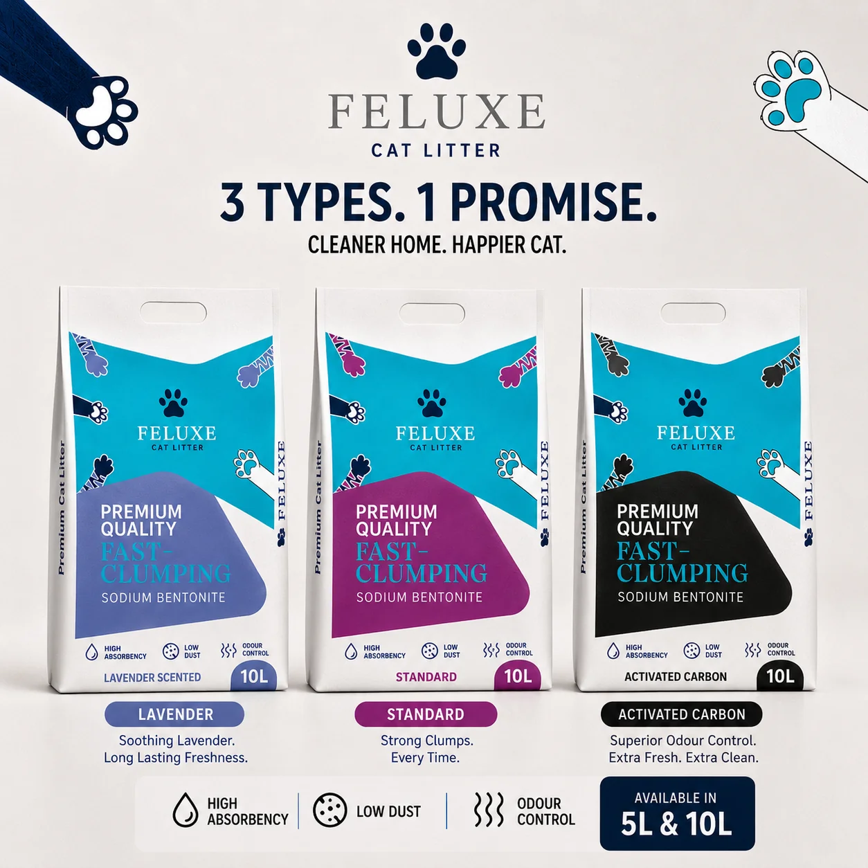 FELUXE cat litter — Lavender, Standard, and Activated Carbon formulas, available in 5L and 10L