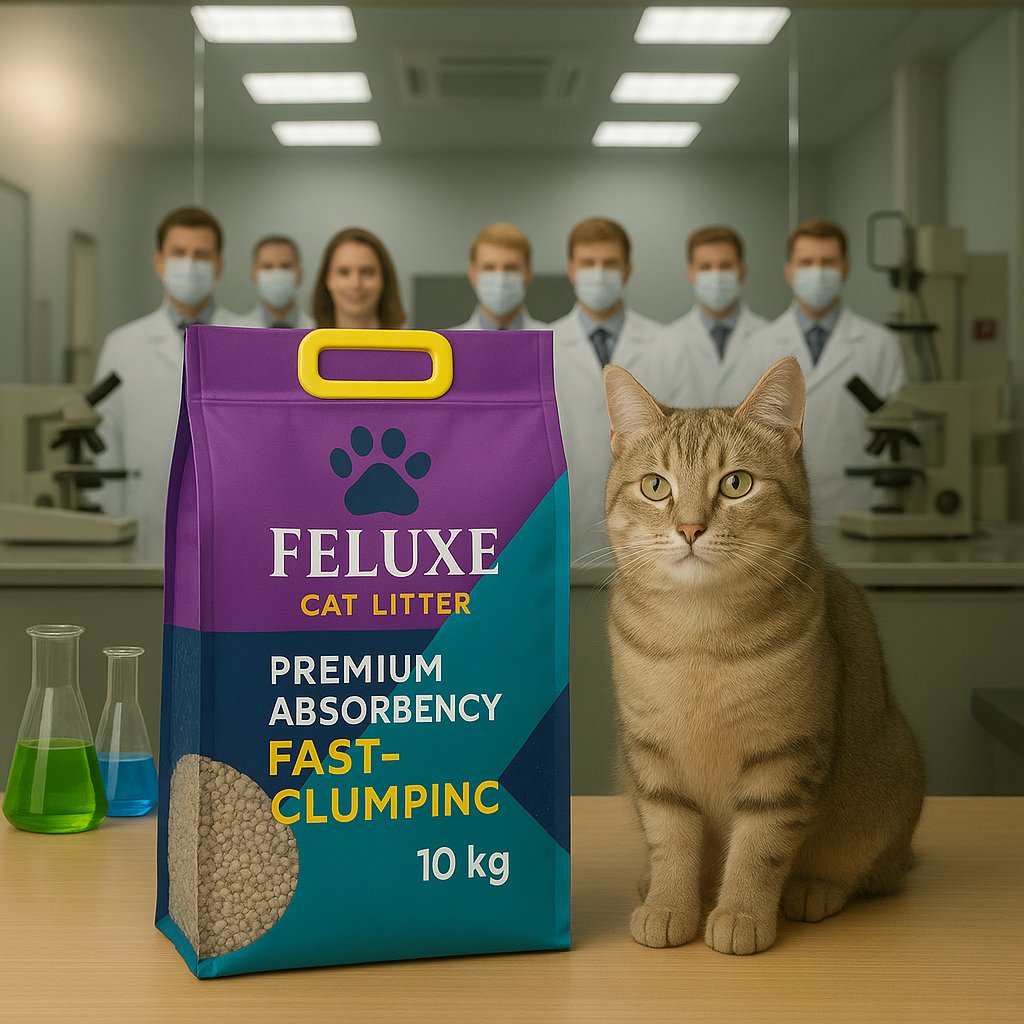 Veterinary certified seal on a bag of FELUXE cat litter in a clean lab setting